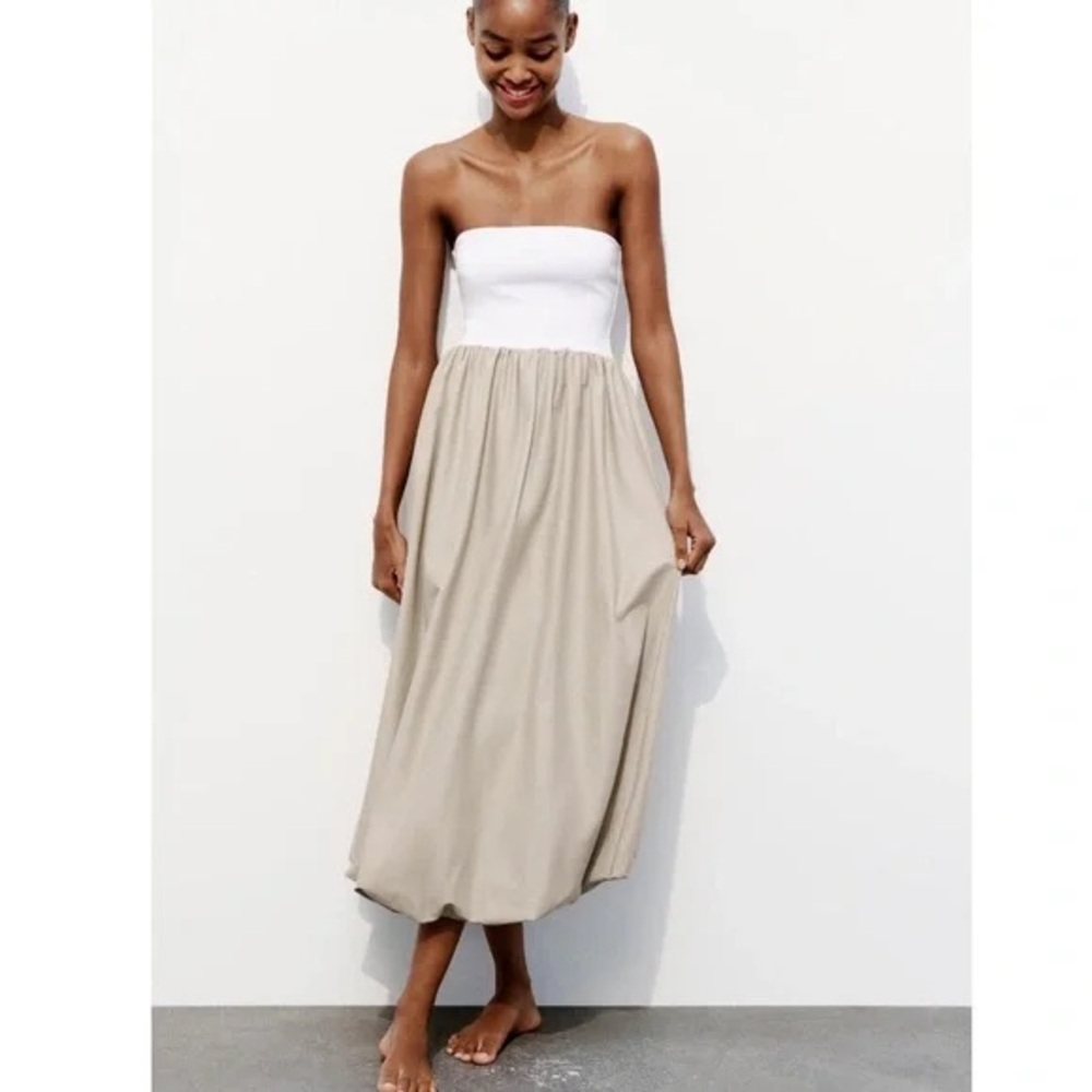 Zara Strapless Dress in White and Tan